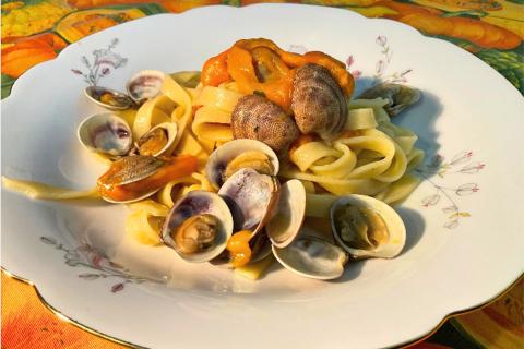 Fettuccine di semola, vongole, peperoni gialli arrostiti e erba Luigia